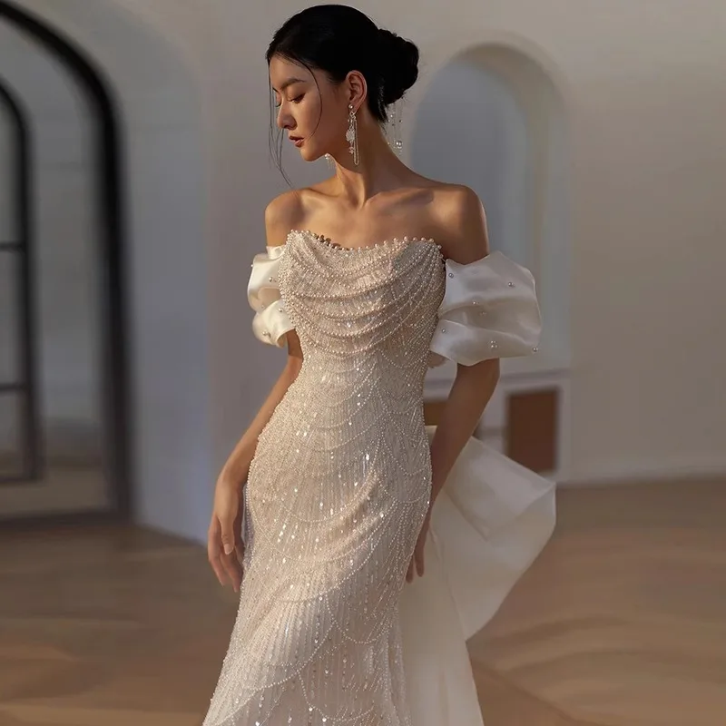 ZX-2029 High Quality One-shoulder Pearl Beaded Lace Wedding Dress Sequin Bridal Engagement Evening Dress With Detachable Train