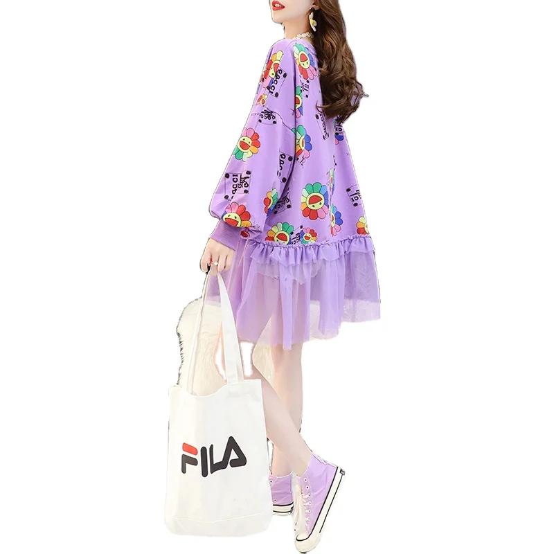 Весенне-осенний тонкий свитер, женское свободное кружевное платье средней длины с прострочкой, женские толстовки и свитшоты, Женская толстовка