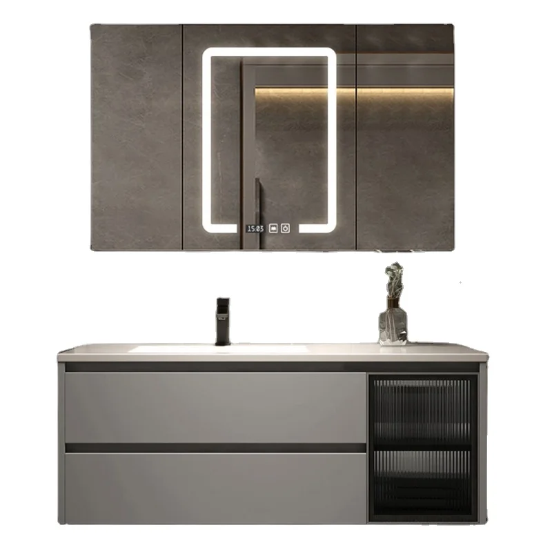 Modern Bathroom Sink Base Cabinets Slate Wash Basin Cabinets Design with Drawer and Glass Door
