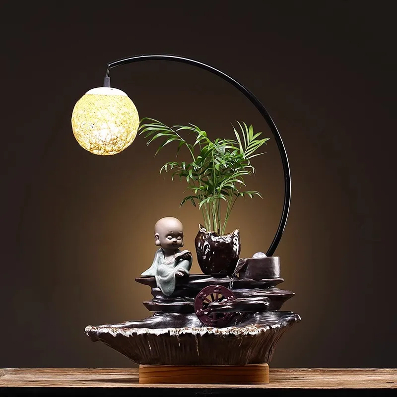 creative Flowing waterfall home decor ornament zen style resin water fountain with lantern for home decor