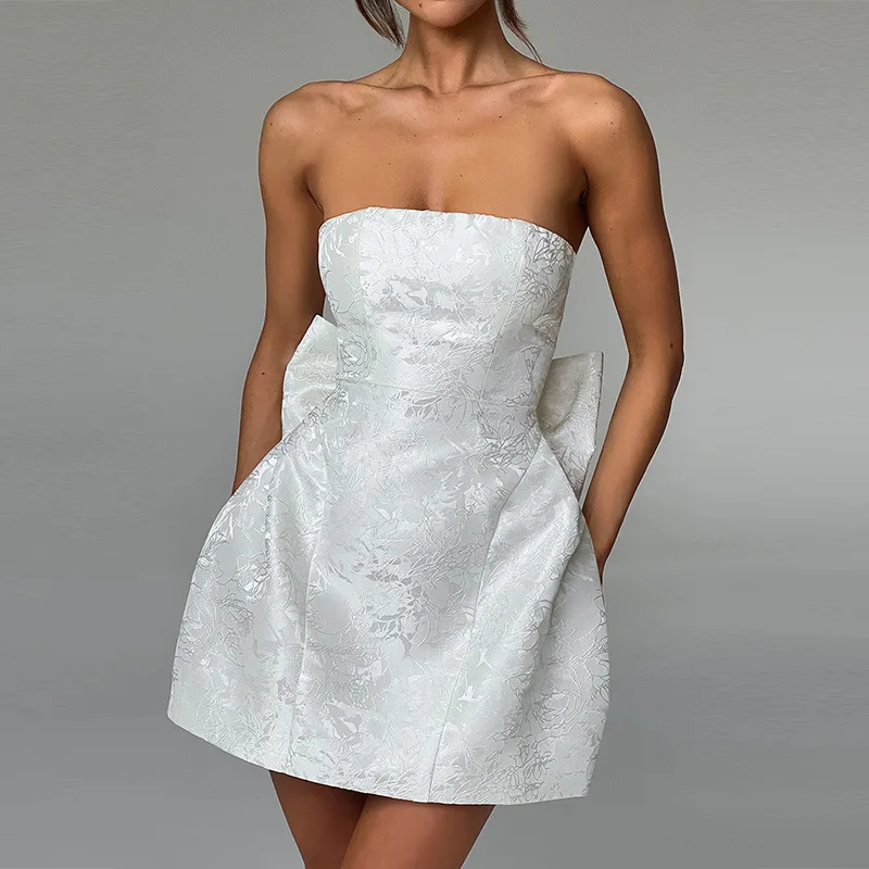 Elegant Jacquard Mini Party Cocktail Dress with Big Bow Tube Evening Clothing for Women