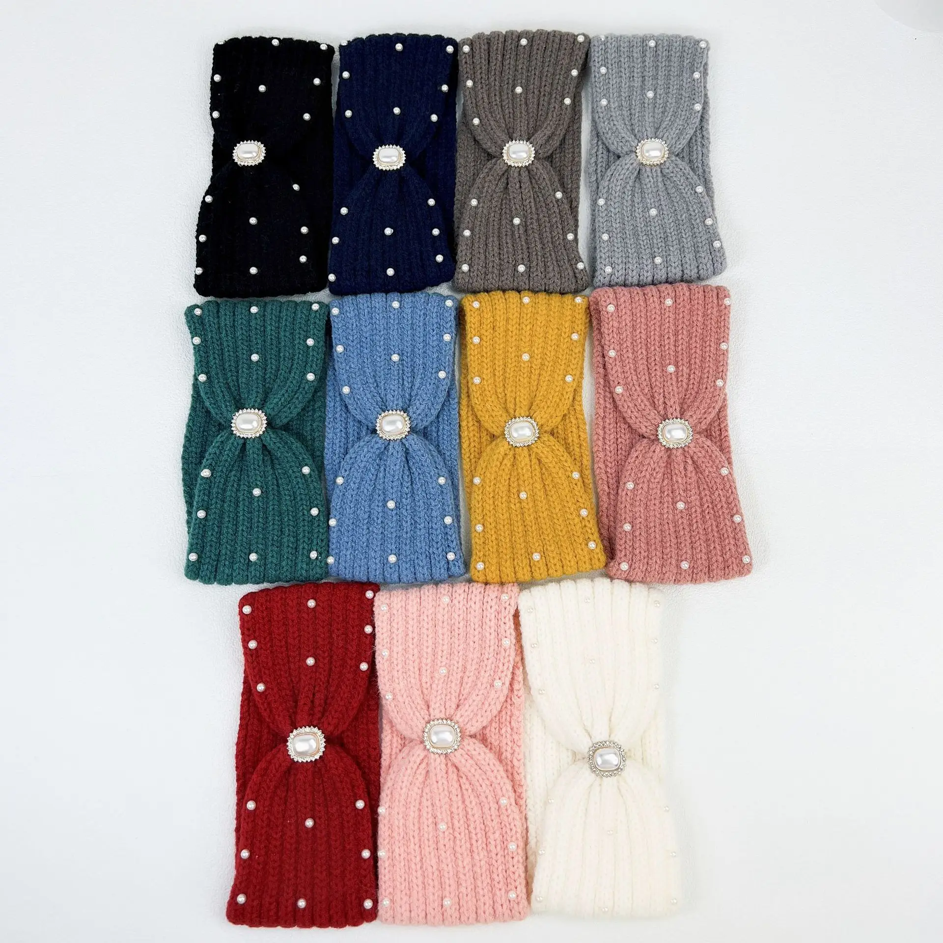 10 Colors Knitted Wool Headband Pearl Diamond Hair Band Turban Headwrap Hat Elastic Warm Headwear Ear Warmer Hair Accessories