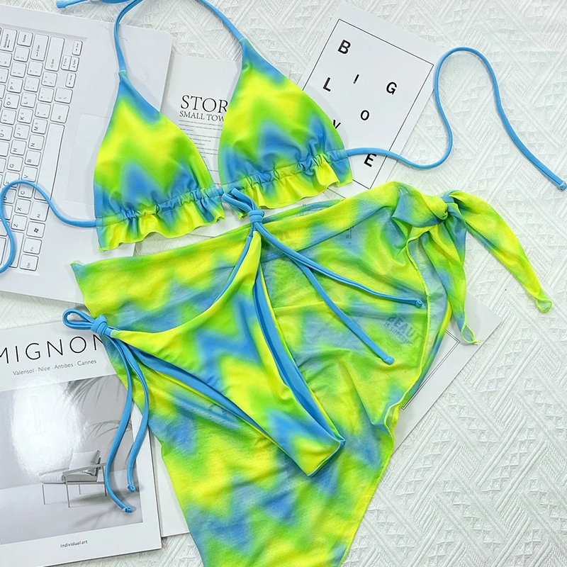 Tie Dye Halter Ruffled Triangle Bikini Female 3pcs Micro Swimsuit