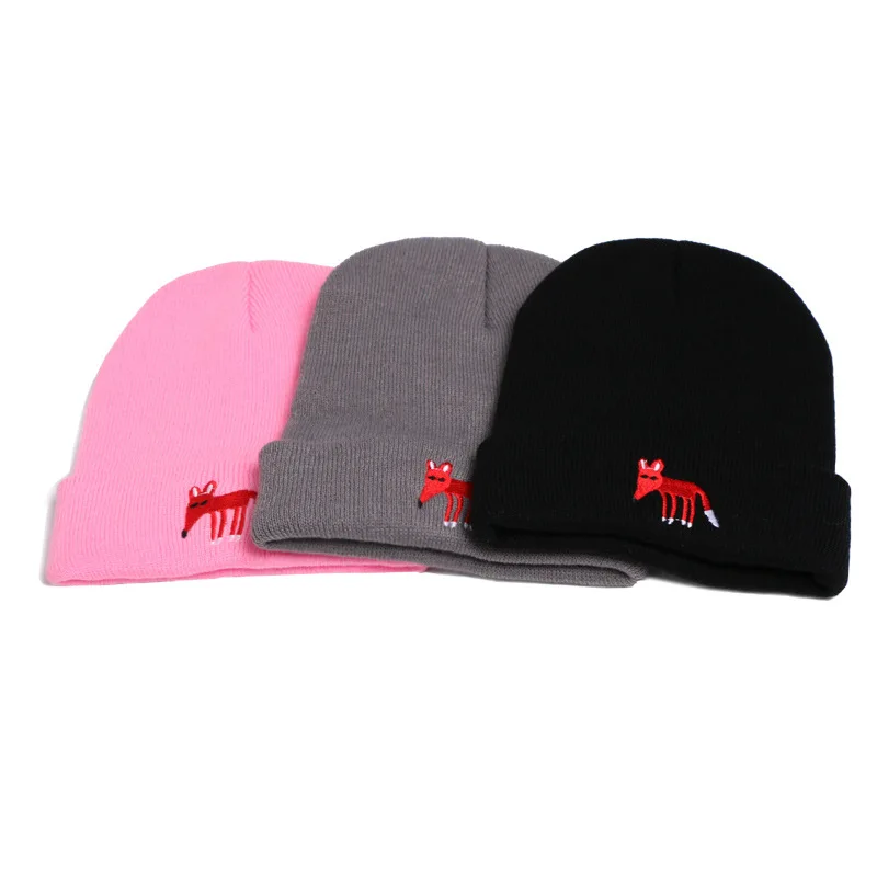 
Wholesale Direct Sales Beanie Soft Women Knitted Woolen Hats Men And Women New Fox Embroidery Hats Women 