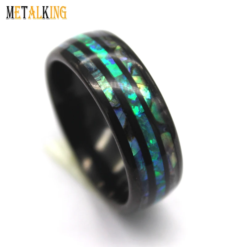 8mm Black Tungsten Carbide Ring with Green Opal and Abalone Shell Inlay Comfort Fit