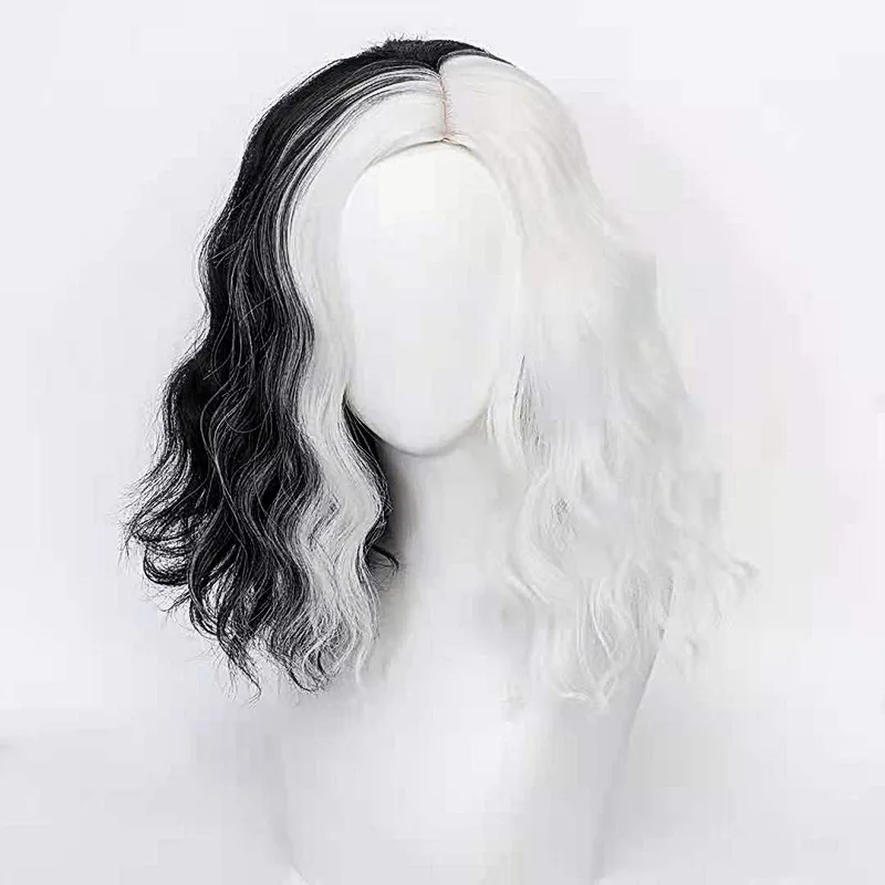 Cruella De Vil Cosplay Wig Short Fluffy Wavy Half Black and White Wigs Synthetic Hair for Halloween Short Bob Wavy