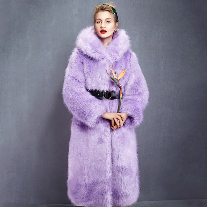Winter Super Long Faux Fox Fur Coat Women Long Thick Hooded Faux Fur Coat For Women