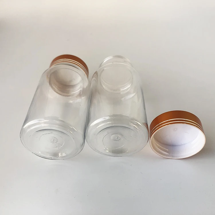 Custom logo 120ml 120cc 4 oz clear plastic capsule tablet pill packaging bottle container with gold screw cover cap lid