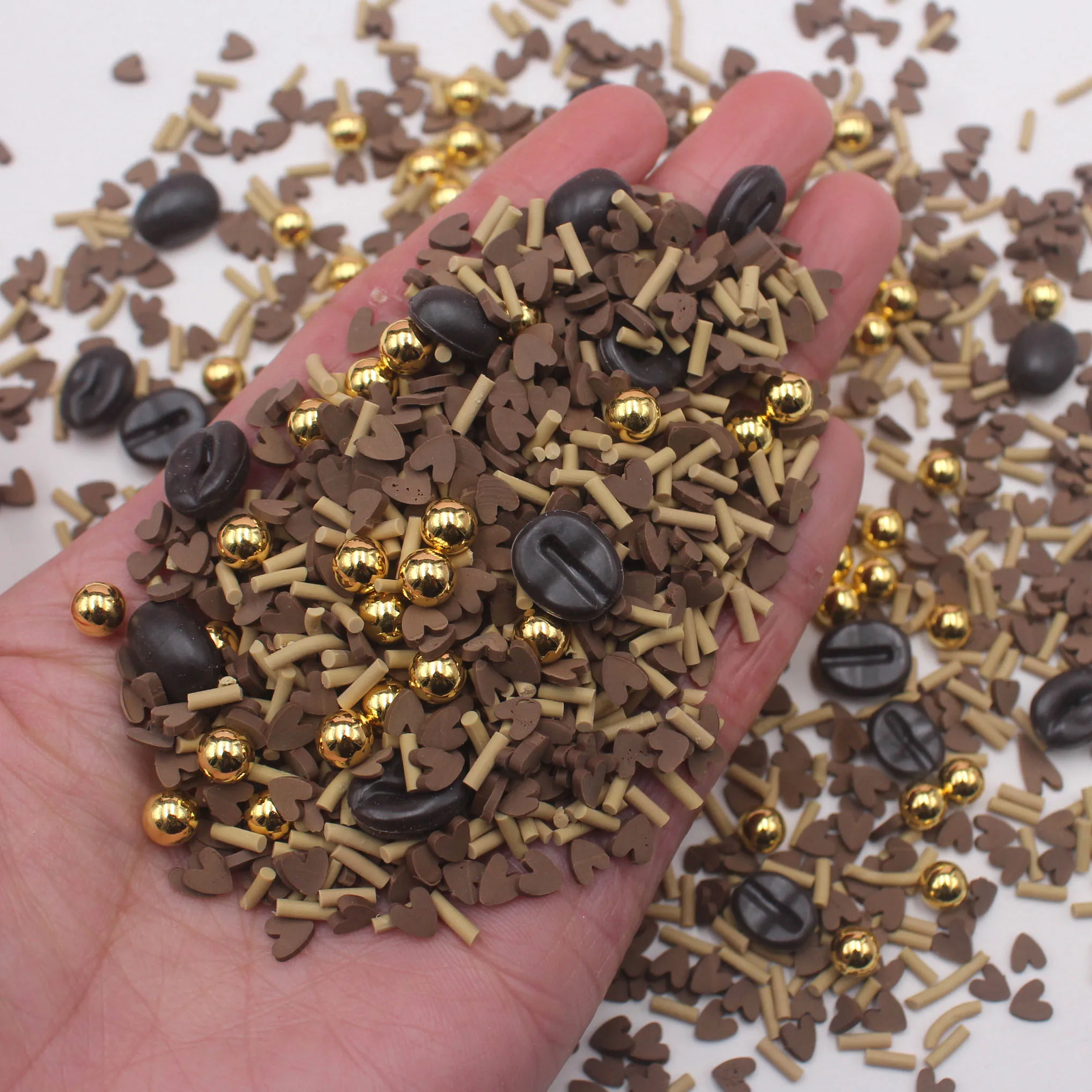 1KG/bag Chocolate Themed Brown Hearts Clay Slices Long Candy Sprinkles with Coffee Beans for DIY Crafts Filling