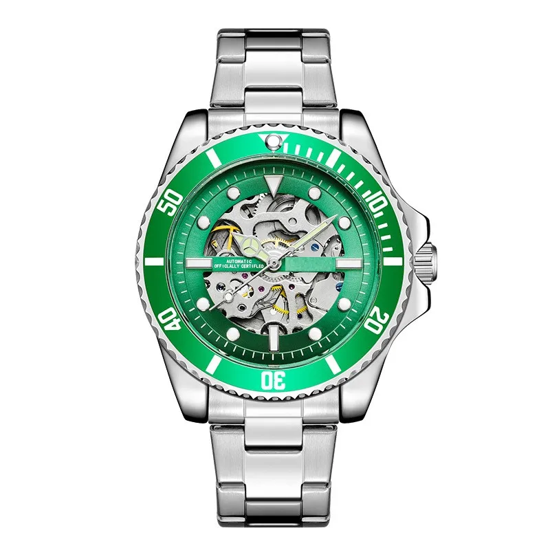 Best Selling Men Luxury Watches Stainless Steel Strap Skeleton Black Dial Wrist Mechanical Automatic Watches