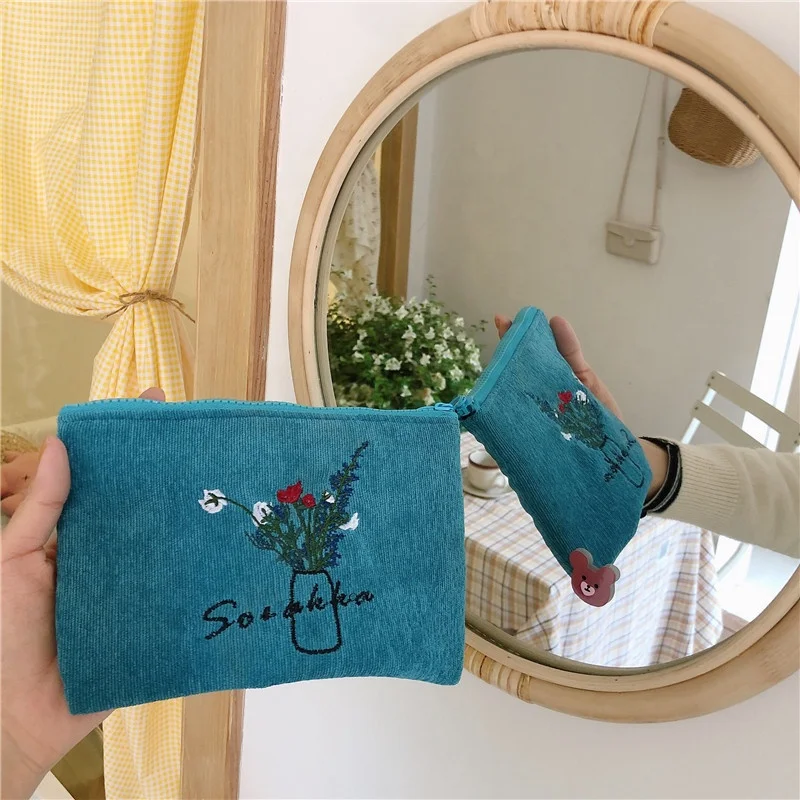 Corduroy embroidery zipper coin purse change purses for lady
