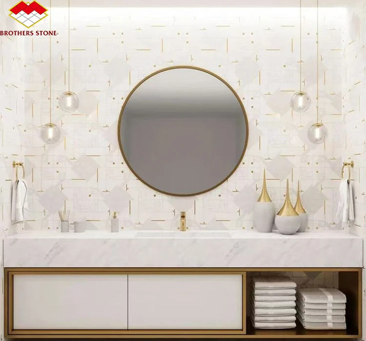 Modern High quality brass inlay arabescato white marble waterjet mosaic tile for sale