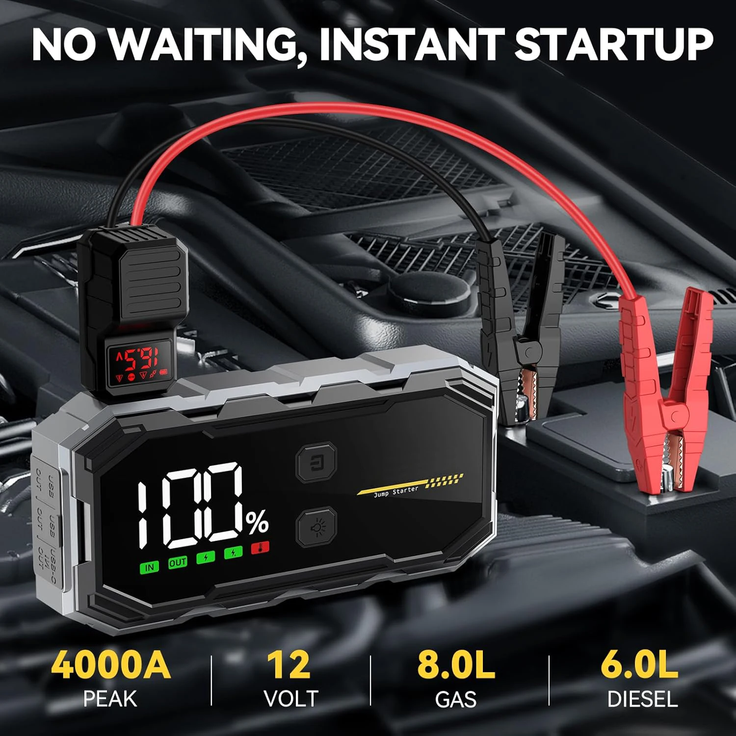 2024 New Design Hot Selling 4000A Portable Car Jump Starter with 12800mAh High Discharge Rate Lithium Battery For 8.0L/6L Car