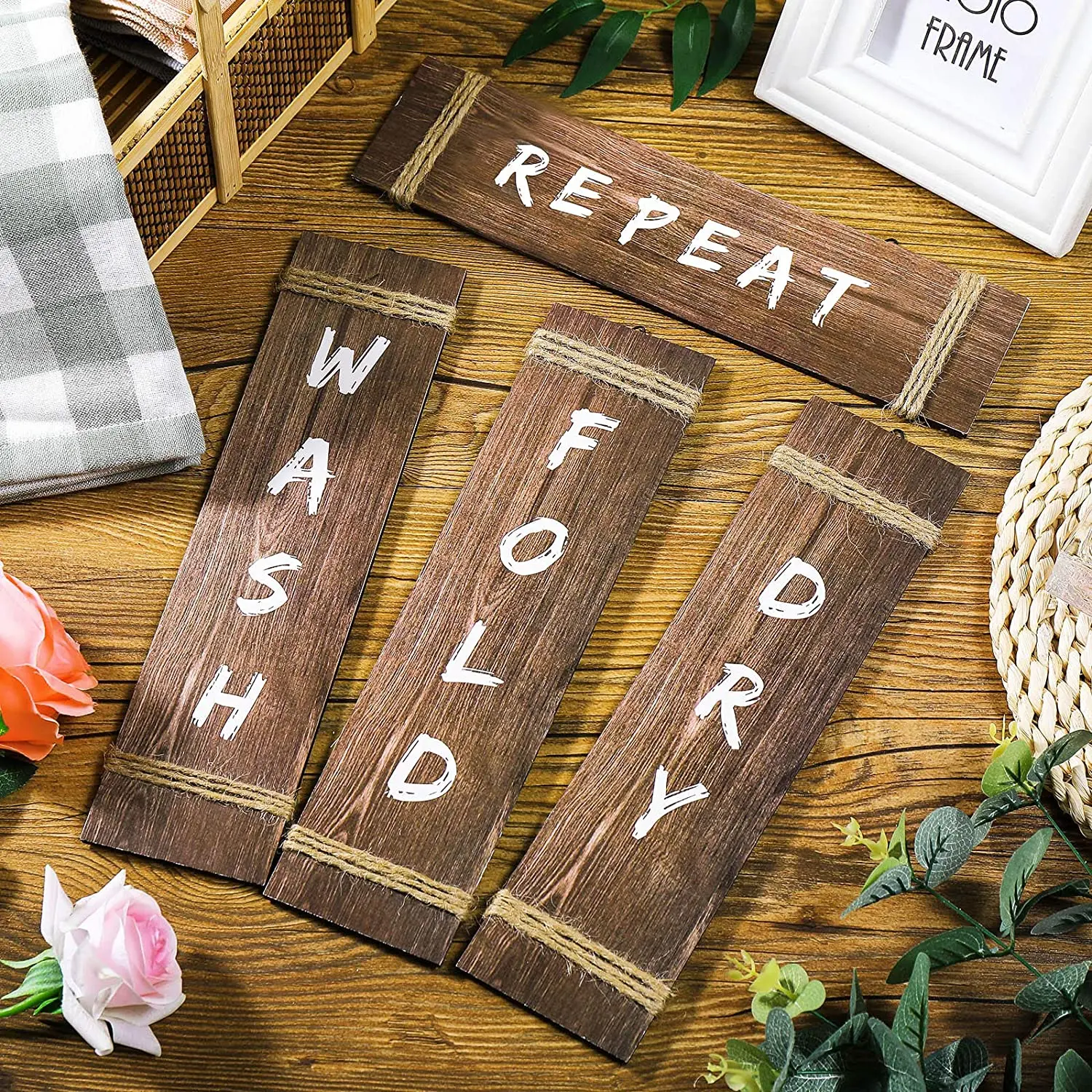 
4 Pieces Laundry Room Decor Home Vintage Wooden Farmhouse Laundry Sign 