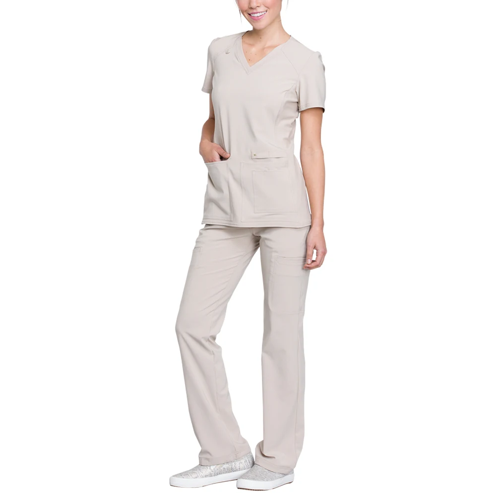 Wholesale Stretch Fabric Modern Scrubs Uniforms Sets V-Neck Knit Panel& Straight Leg Pant Nurse Scrub Hospital Nursing Uniform