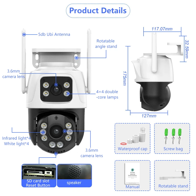 Outdoor Security Dual Lens Dual Screen 360 Ptz Wifi Home Security Cctv Ptz Camera 3k Wifi Network Camera
