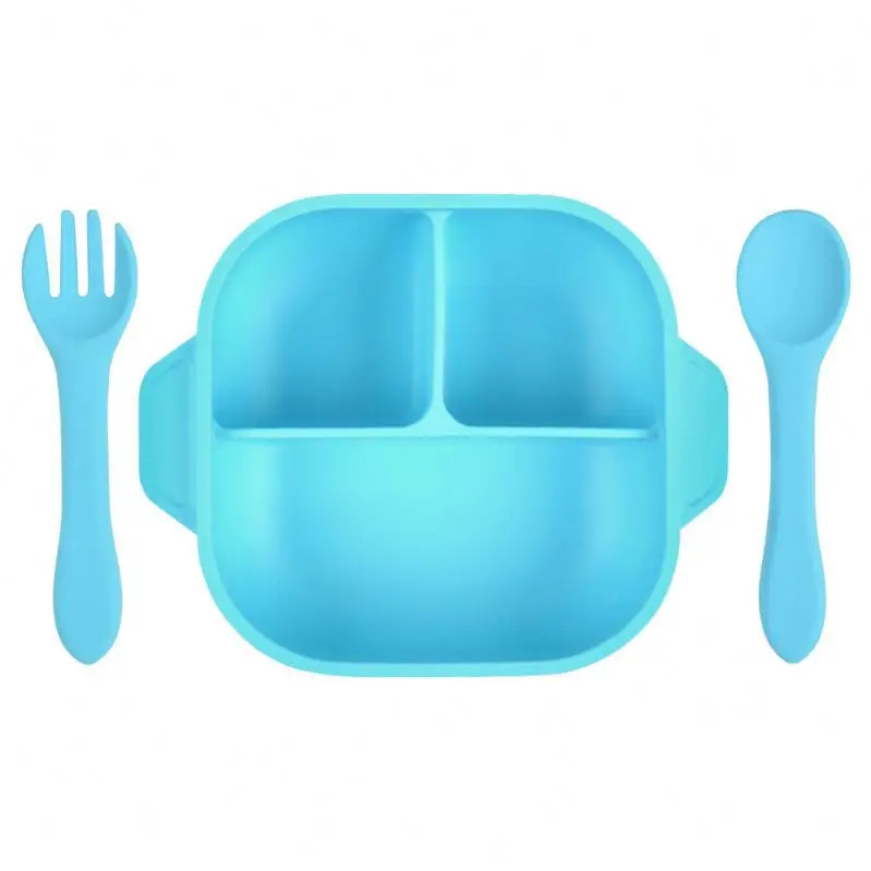 OKOLAY Panic Buying Food Grade Silicone Divided Plate Fork Spoon Newborn Baby Feed Set