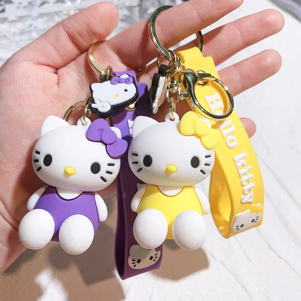 Cute PVC Wrist Strap Car Keychain Accessories Bag Ornament Doll 3D Silicone Hello Kitty KT PVC Gold Key Rings Gift Keychain
