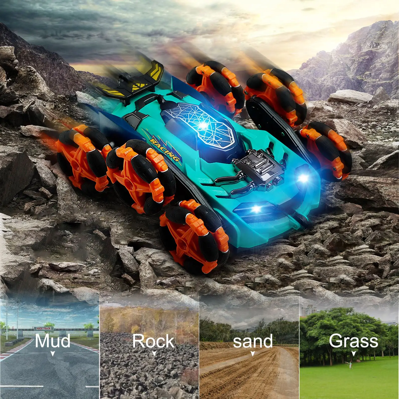 2022 New six-wheel morphing spray stunt car Omnidirectional drift roll Stunt car Boy with light spray remote control toy car