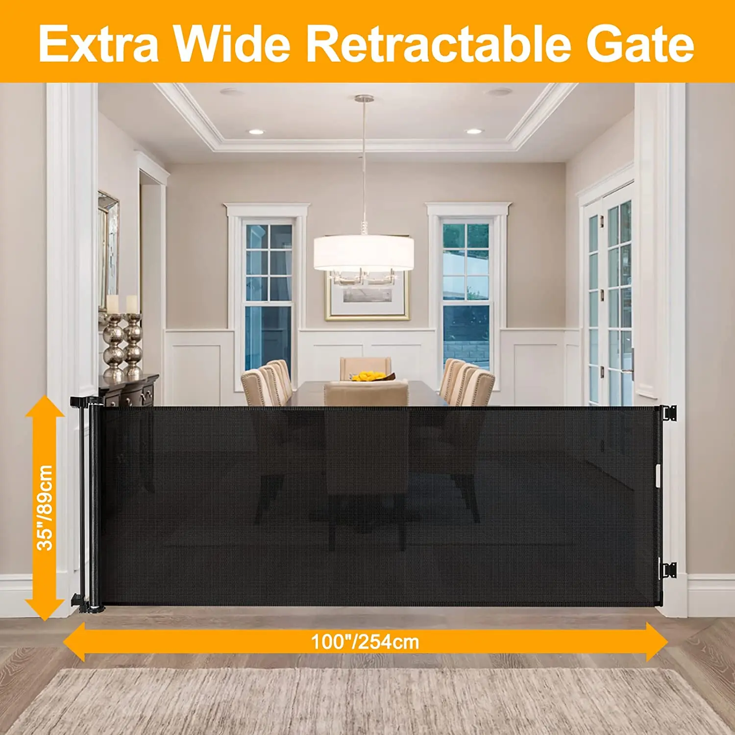 Retractable baby gate and dog gate Extra wide safety gate, easy to roll and latch. Ideal for doorways, indoor or outdoor use