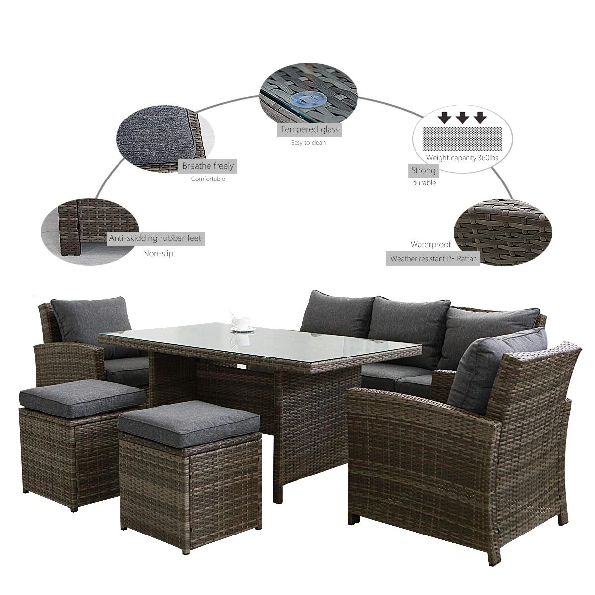 Patio 6 piece low dining conversation sectional set, wicker rattan outdoor garden furniture corner sofa set with cushion.