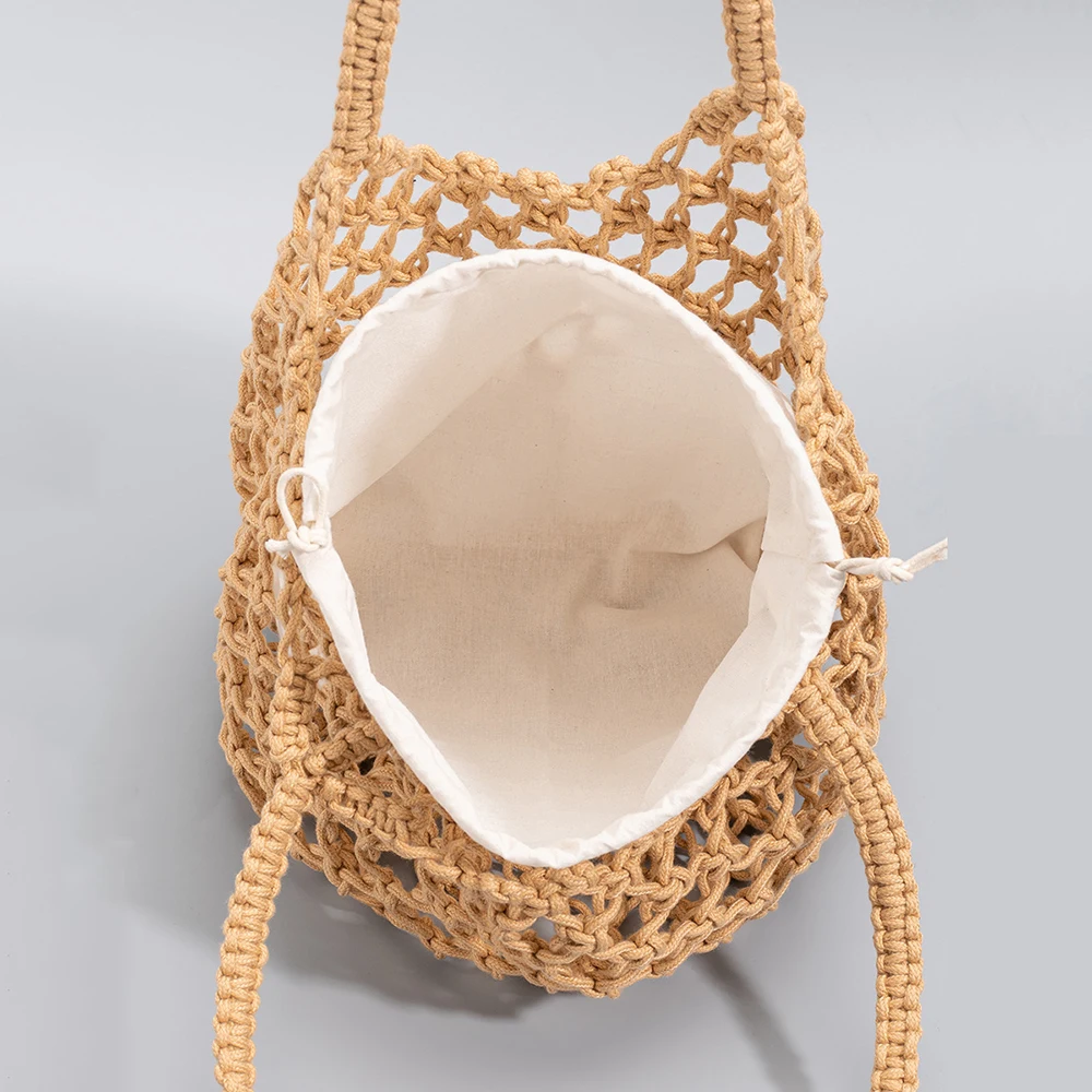 2024 Braided Bucket Bag New Cotton Thread Handmade Mesh Design Ladies Beach Shoulder Bags