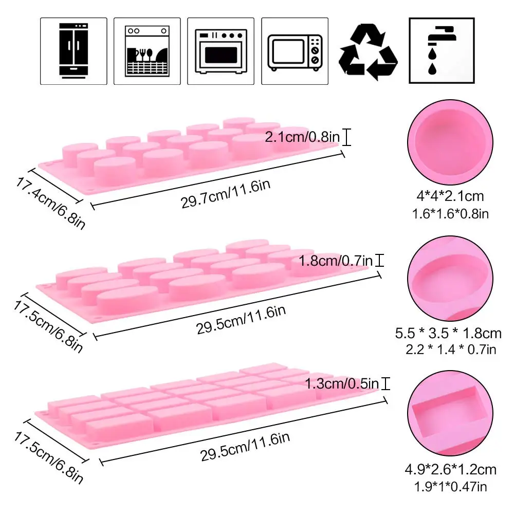 100% BPA Free Silicone Soap Molds, Round Rectangle Oval Soap Molds for Handmade Soap Candy Chocolate Cake with Sealed Bags, Pink