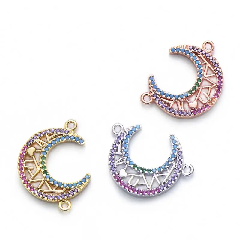 2022 New Micro Pave Multicolor Cubic Zirconia Copper Trendy Charms Beads for Jewelry Making Hollow Part Star Curved moon Charm