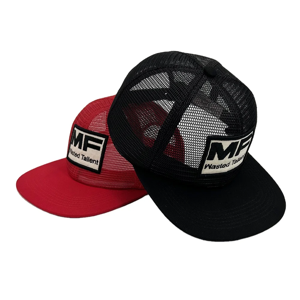 Custom Logo 6 Panel Full Mesh Cap Hats Unstructured Snapback Flat Brim Mesh With Embroidery Patch Trucker Caps