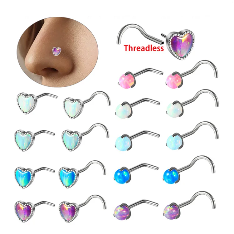 NUORO G23 Titanium Colorful Opal Screw Nose Studs Heart L Shape OP26 OP17 Push In Nose Piercing Jewelry For Women
