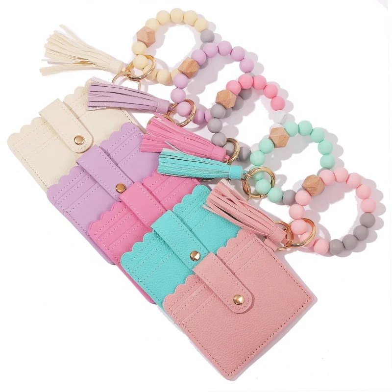 Hot Sell Leopard Silicone Beads Bracelet With Tassel ID Credit Cards Holder Keychain Wallet business card holders