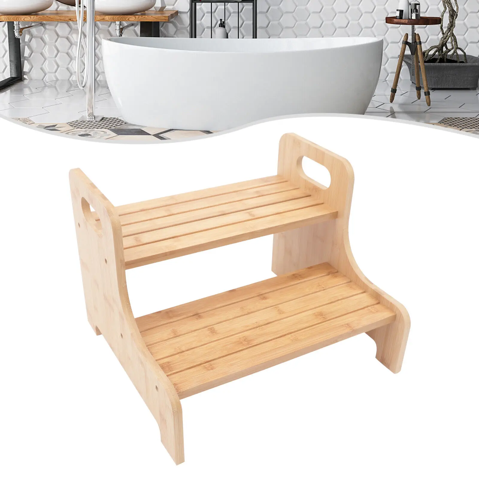 New Style Durable 2 Tier Custom Bamboo Footstool Wooden Chair Kid Ladder Step Stool