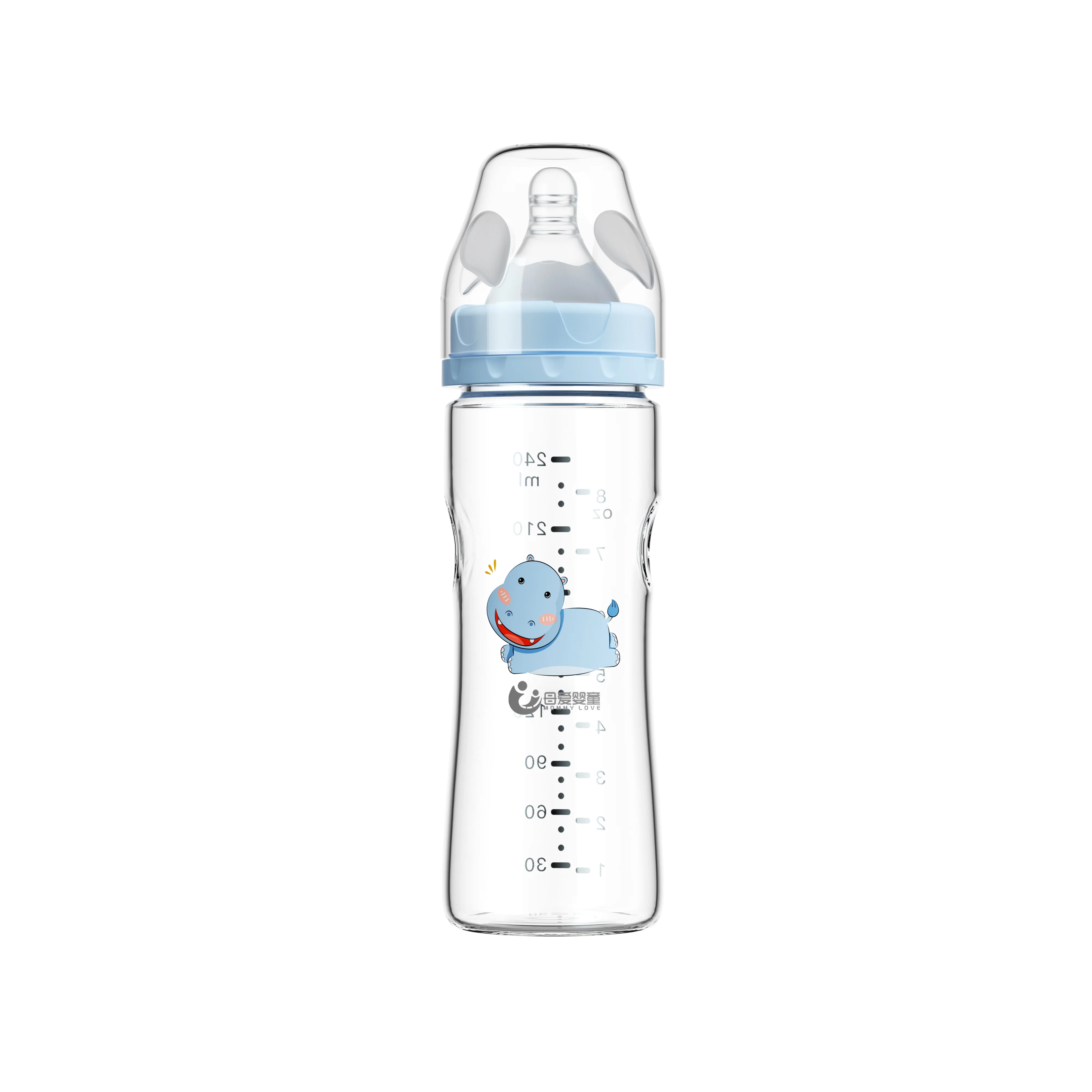 Wide-neck new design pure baby glass feeding bottle 240ML 8OZ baby glass bottle with silicone nipple