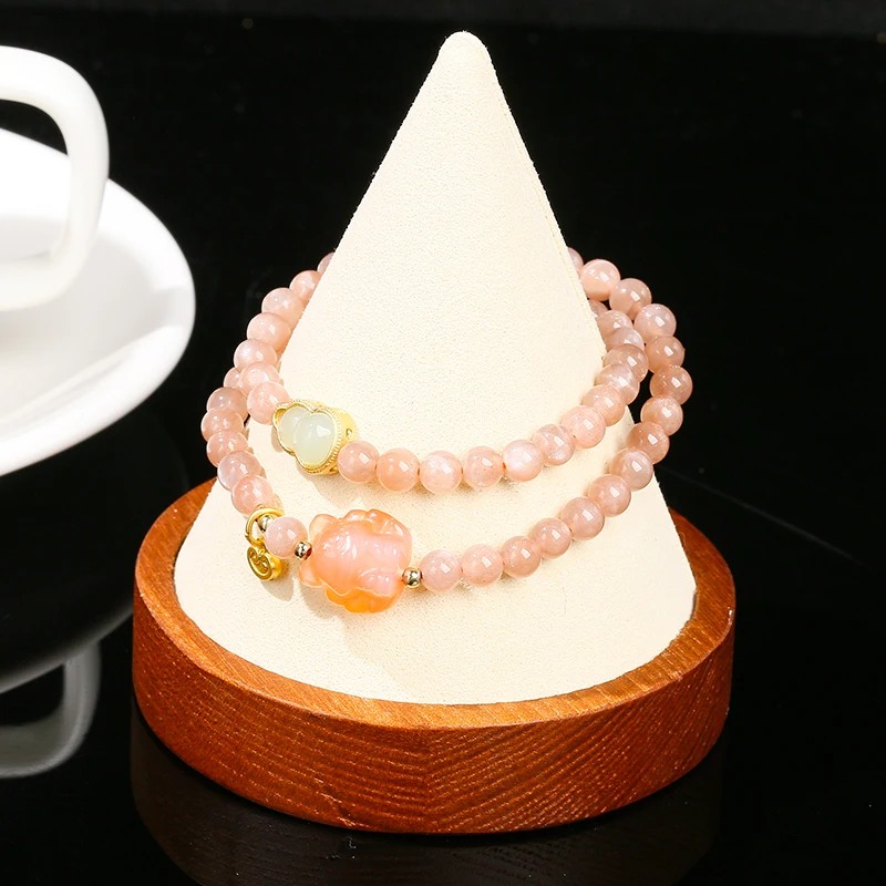 JD GEMS Unisex 5A Orange Moonstone Agate Nine-Tailed Fox Beaded Bracelet Hot Selling 2-Layer Ball Pattern Gift