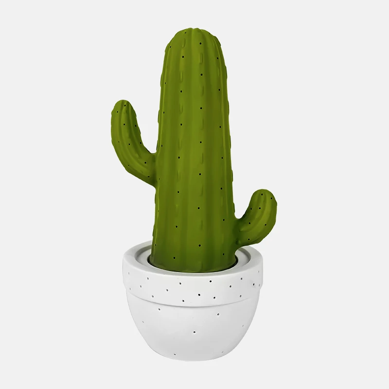 Красивая керамическая Ночная лампа настольная в форме мультяшного героя Детская с зелеными кактусами прикроватный ночник растениями ручной работы