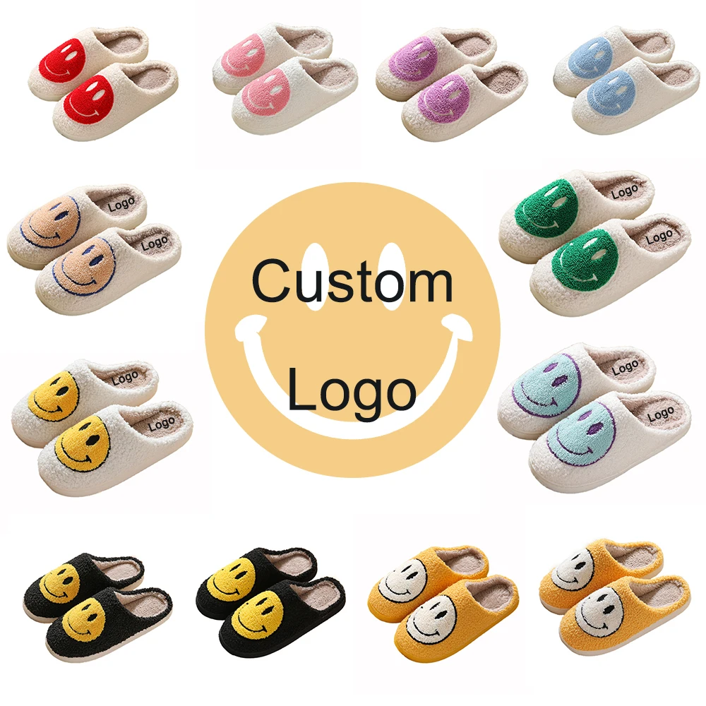 Custom Logo Wholesale Factory Price Women Smile Shoes Home Cozy Warm Plush House Happy Smiley Face Slippers For Ladies