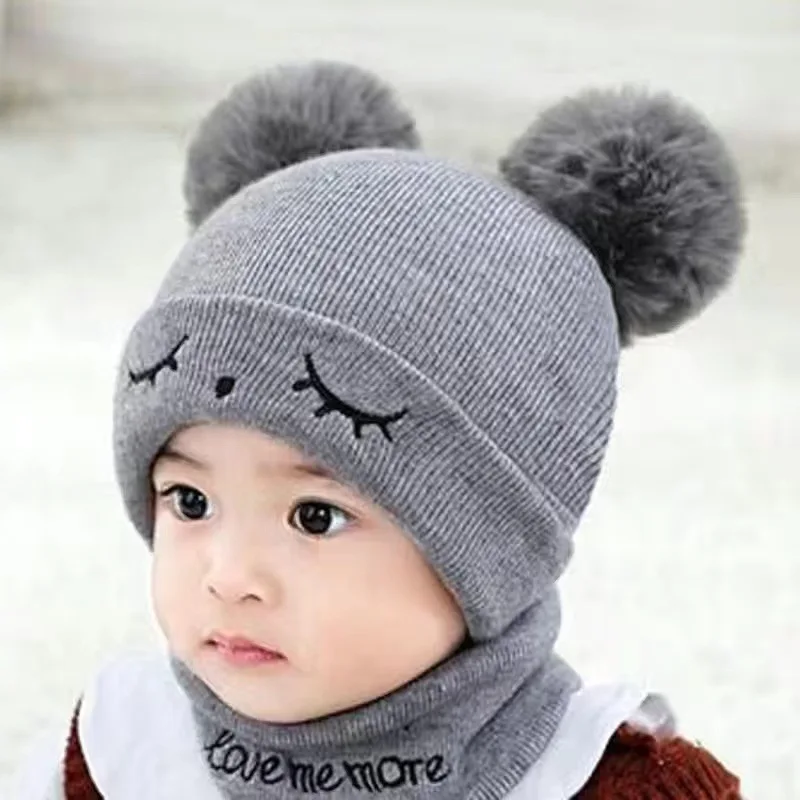 Wholesale Custom 0-12m Winter soft warm Baby Knitted Hats Knitted Newborn Baby Hat And Scarf Set With Fur Pom
