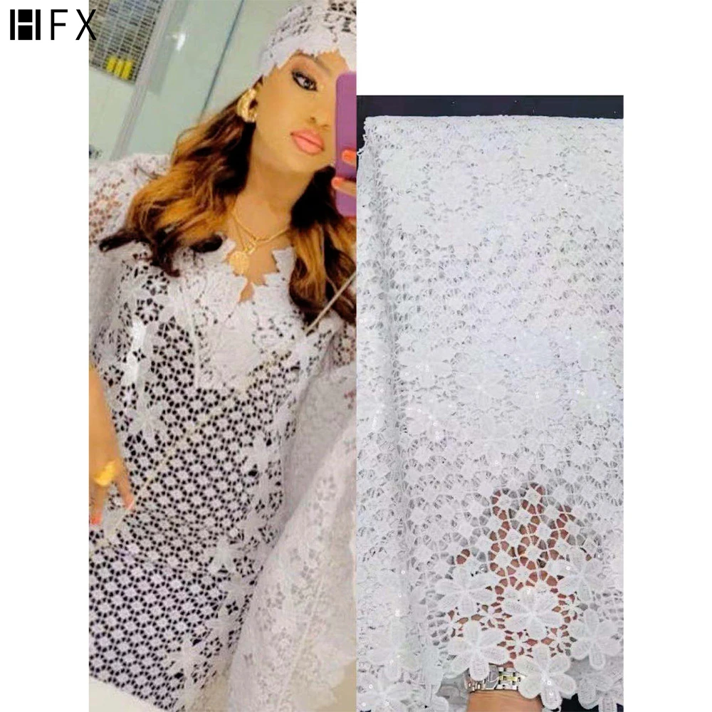 HFX Pure white Embroidered Nigerian cord Lace Fabric Bridal High Quality French guipure net lace For Women wedding Dress 5 Yards