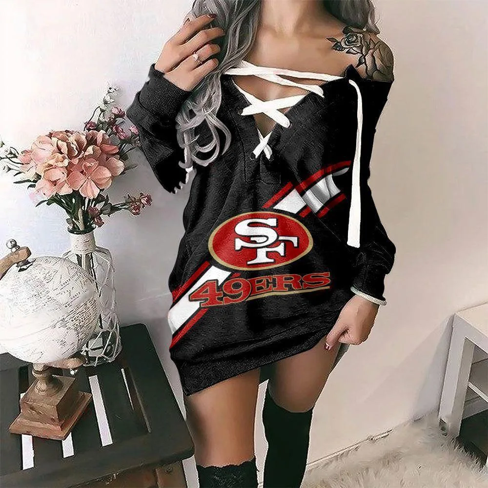 2023 European and American New Autumn and Winter NFL Football Dress Lace-up V-neck Off-the-shoulder Sweatshirt Hip Skirt