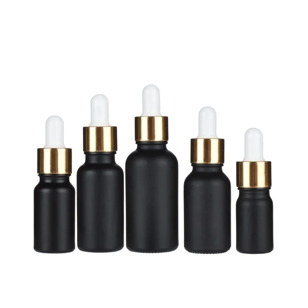 Matte Black Glass Dropper Bottles With Gold Collar Essential Oil Beard Oil Dropper Bottle 5ml 10ml 15ml 30ml 50ml 100ml