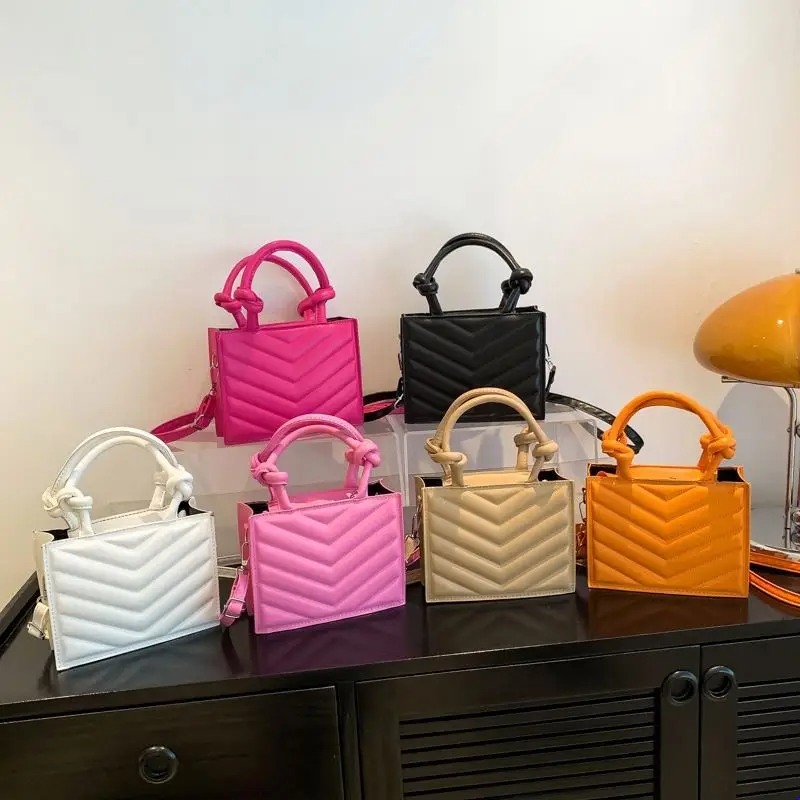 PU Leather Square Handbags Girls Shaped Indentation Pure Color For Women  Cross Bag Wholesale Knots Handle Shoulder Bags