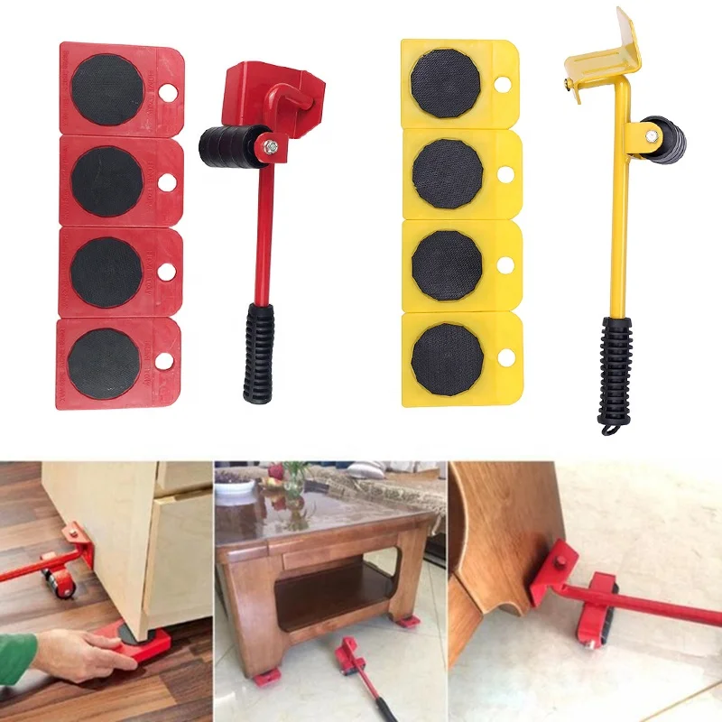 5 pcs Furniture Lifter Sliders Kit  Heavy Stuffs Moving Hand Tools Set Wheel Bar Mover Device