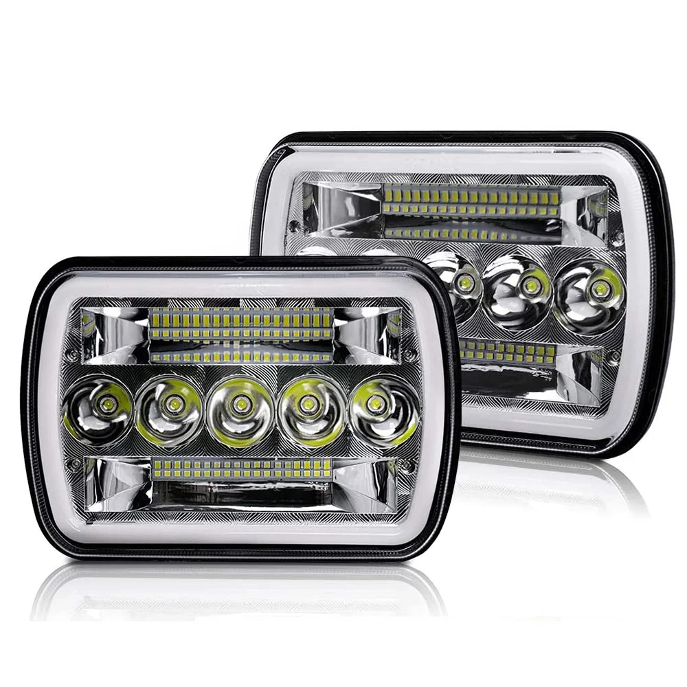 7X6 5X7 LED Headlight With Turn Signal DRL White Halo Sealed Beam Headlamp Compatible For Jeep Wrangler YJ Cherokee XJ H6054