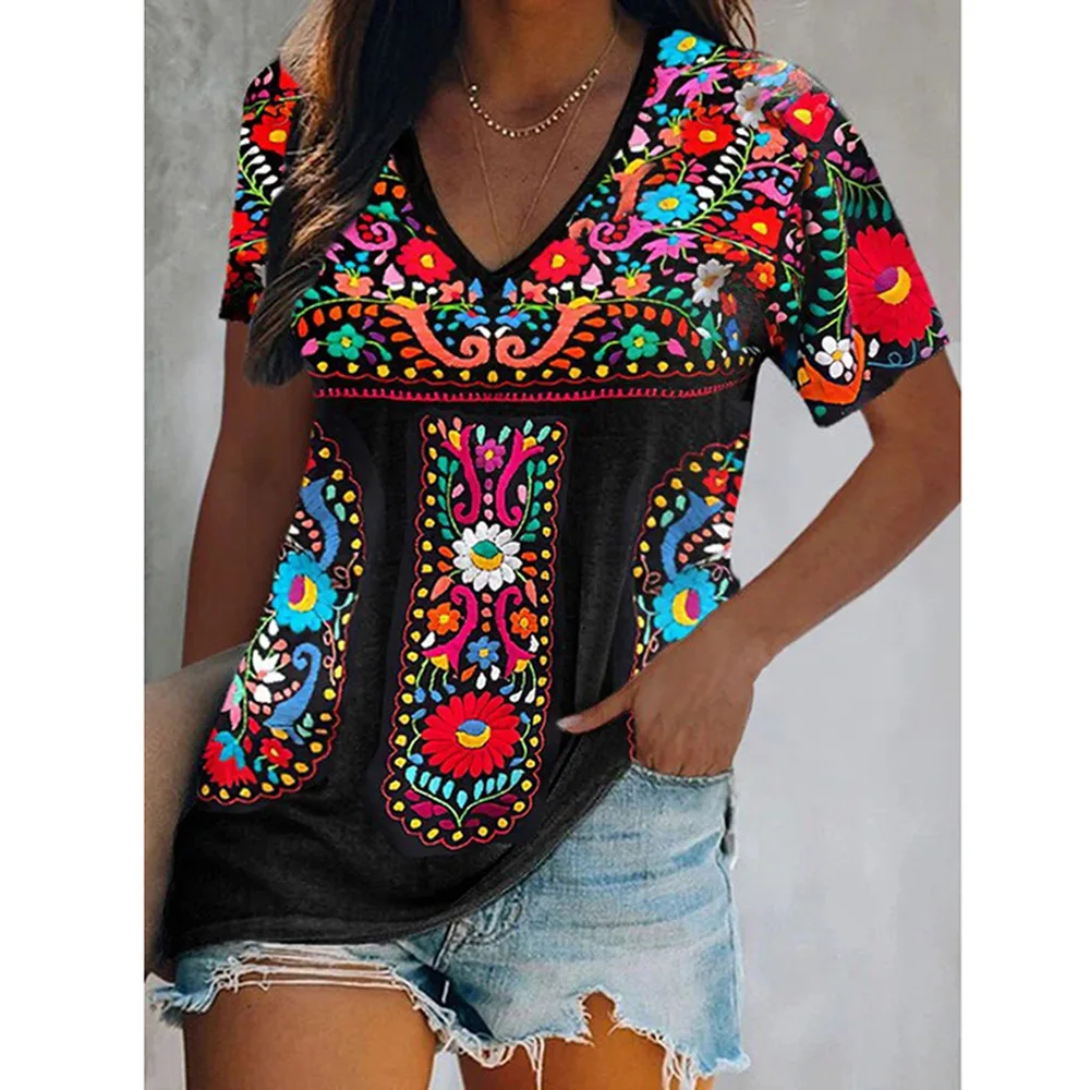 Wholesale Bohemian Short Sleeve Blouses Shirt Ladies Flower Printed T-shirt Women Boho Style V Neck Blouse