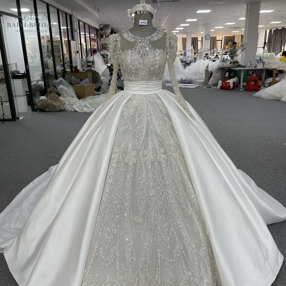 Vestido De Novio Brand African Big Ball Gown Wedding Dresses Long Sleeve Crystal Bridal Dress Dubai Style Bridal Wear