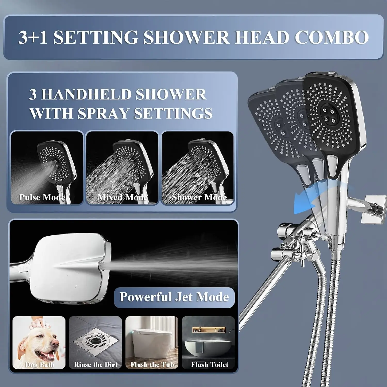 Multifunctional Handheld Spray Chrome Rainfall Bath Shower Set Wall Mount Rainfall Shower Faucet Set With 3-Way Diverter