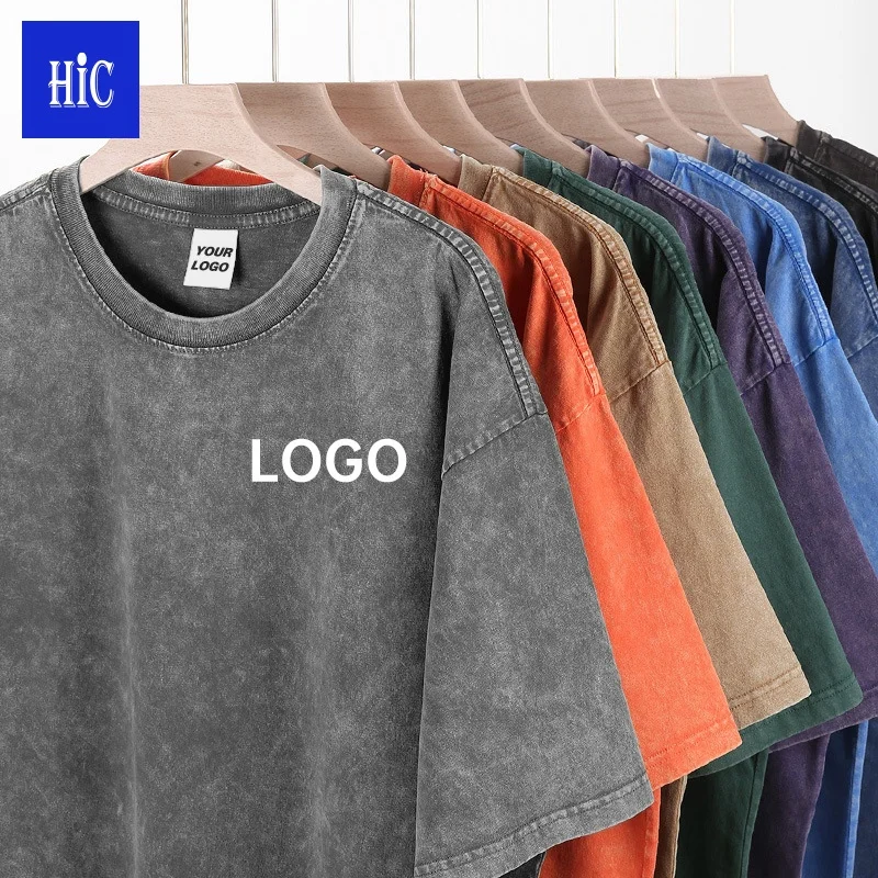 HIC Custom Logo 230g 100% Cotton Printed Plus Size Oversize T-shirts For Men Vintage Washed T-shirts