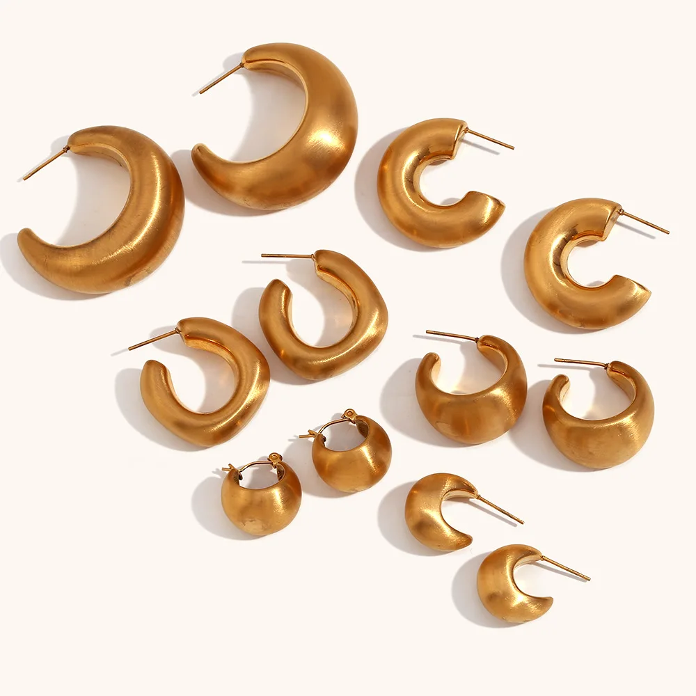 Simple Stainless Steel Frosted Unusual Earrings Waterproof Jewelry C Shape Round Chunky Hoop Earrings Women