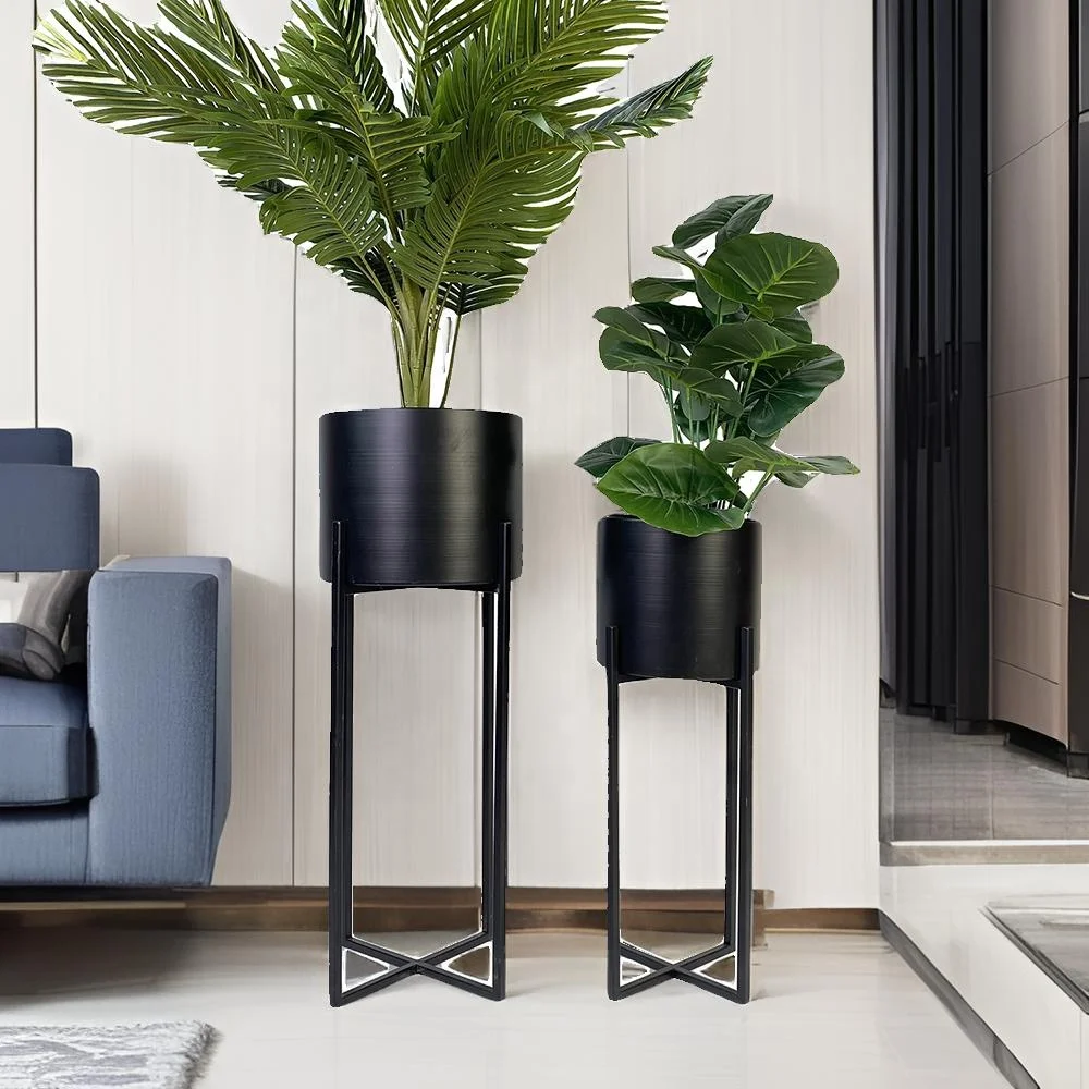 Lander Set of 2 modern minimalist industrial Black Metal Plant Stands with Pots Indoor Outdoor Decorative Metal Flower Pots