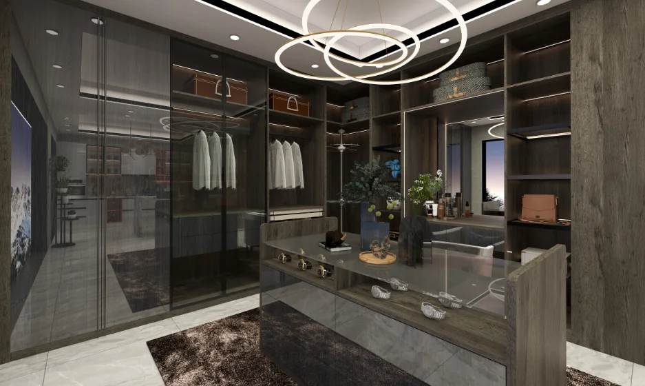 Beautiful light luxury wardrobe with custom glass doors hides LED light strip colors that can be customized